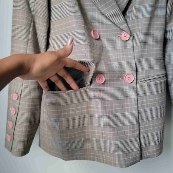 Yiner Plaid Double Breasted Blazer Pink Buttons Notched Lapel Long Sleeves Small - Picture 8 of 9